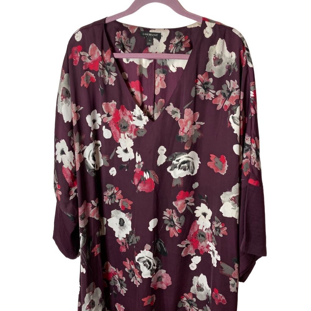 Lane Bryant Floral Dress Sz 24 Maroon Wine Loose Fit Shark Hem V‎ Neck Classic - Picture 2 of 7